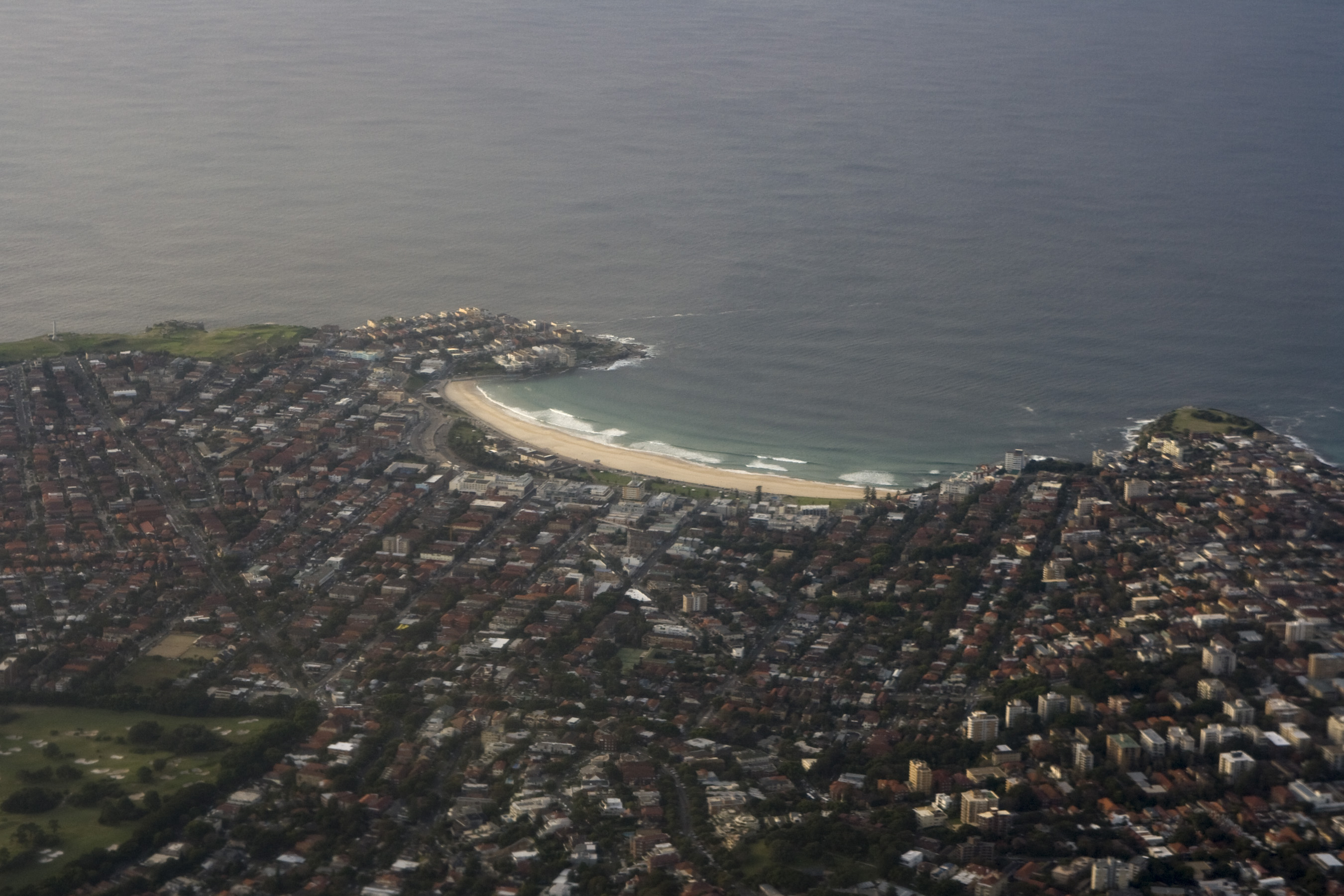 Bondi Beach from the air, with Icebergs pool at the southern end